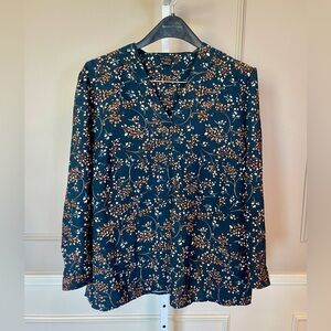 J. Jill XL Wearever Popover Blouse Top Shirt Jadeite Arbor Vines Navy Tan NWOT